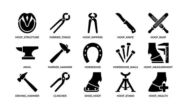Collection of farrier tools and horse hoof care icons