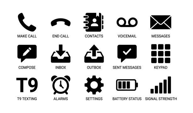 Mobile phone interface icons: communication, contacts, messaging, settings, functionality