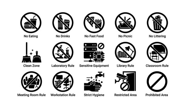 Prohibited activities and safety rules icons set