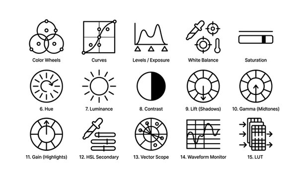 Color grading tools icons set for video and photo editing