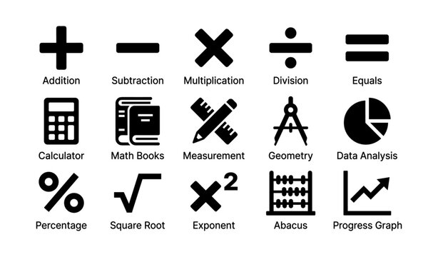 Mathematics icons: addition, subtraction, multiplication, division, equals