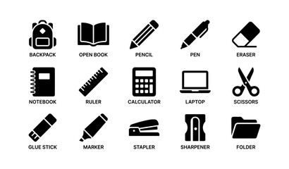 Fototapeta premium School supplies icons: backpack, books, writing tools, and more