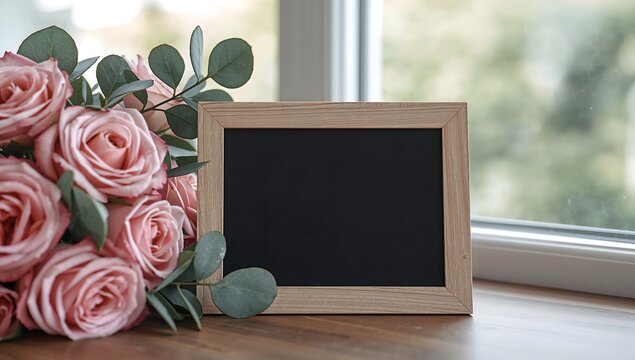 Pink roses and blank wooden frame blackboard on windowsill