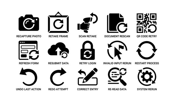 Set of 16 black icons for retake, recapture, and retry functions