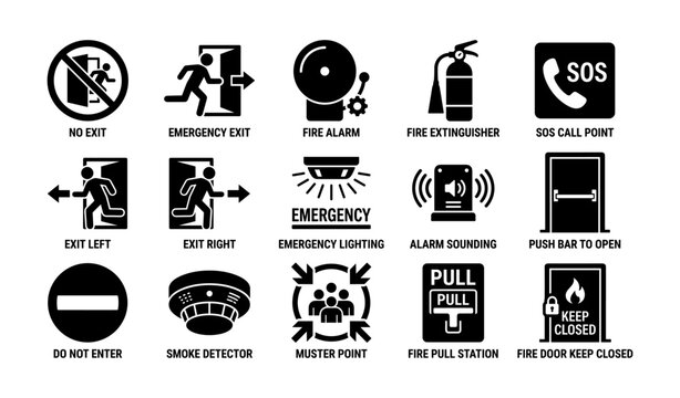 Emergency sign icons: no exit, fire alarm, sos, smoke detector, muster point