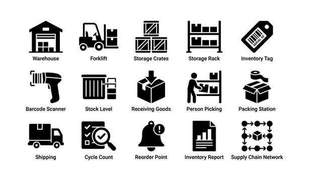 Warehouse logistics icons set featuring forklift and storage solutions