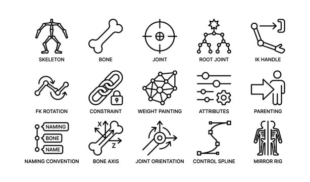 Skeleton and rigging icons: bone, joint, rotation, constraints, rig animation tools
