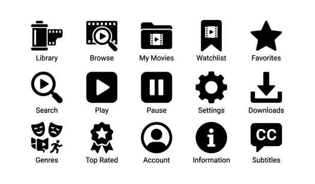 Media app icons set including play, pause, search, and settings