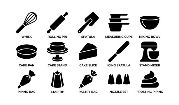 Baking tools icons: whisk, rolling pin, spatula, measuring cups, mixing bowl