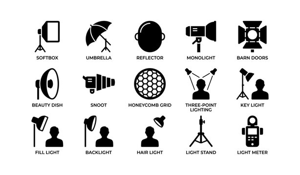 Studio lighting equipment icons: softbox, umbrella, reflector, monolight, barn doors