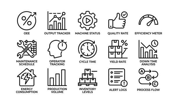 Manufacturing efficiency icons: oee, cycle, inventory, quality metrics, process flow