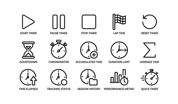 Timer and stopwatch icon set with various time management symbols