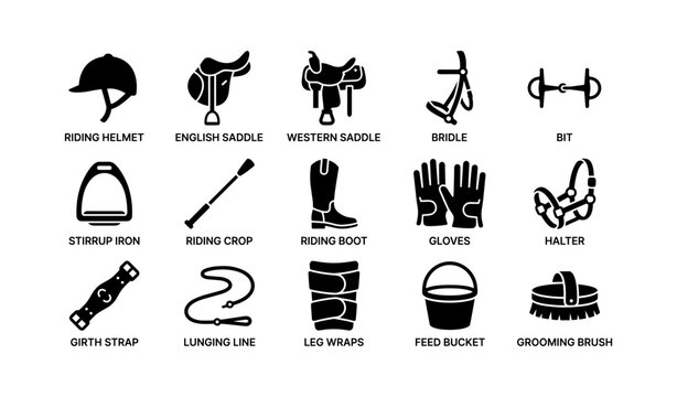 Equestrian equipment icons: helmets, saddles, bridles, bits, and more