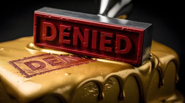 A striking visual representation of refusal with a prominent red 'DENIED' stamp pressed firmly into a glistening golden substance, symbolizing a definitive decision