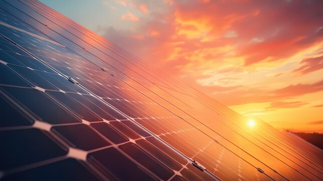 A solar panel array at sunset with a vibrant orange sky
