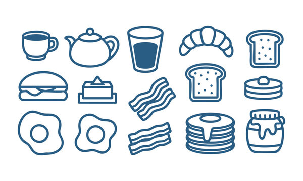 Food doodle breakfast icon set with coffee eggs and pancakes vector.