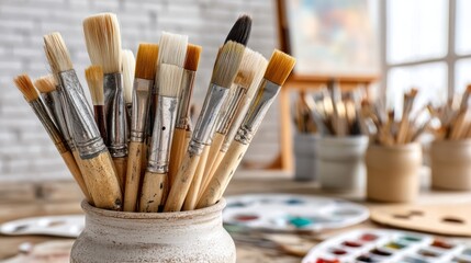 Fototapeta premium Ceramic Jar Holding Various Paintbrushes in Artist Studio Environment