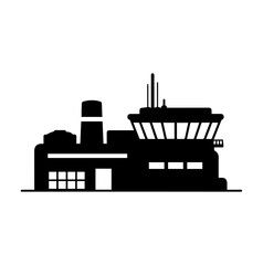 Obraz premium Airport Control Tower Silhouette Vector with Radar Station and Terminal Building Icon for Aviation Logistics and Air Travel Industry Design