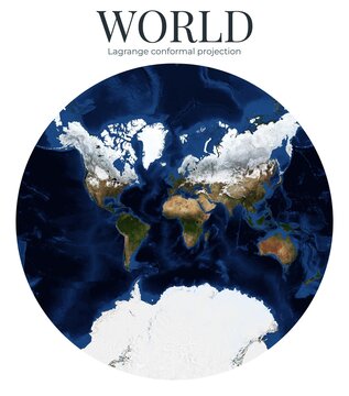 World Map. Lagrange conformal projection. High Detail Physical Map of The Earth. Raster Graphic Illustration. Elements of this image furnished by NASA.
