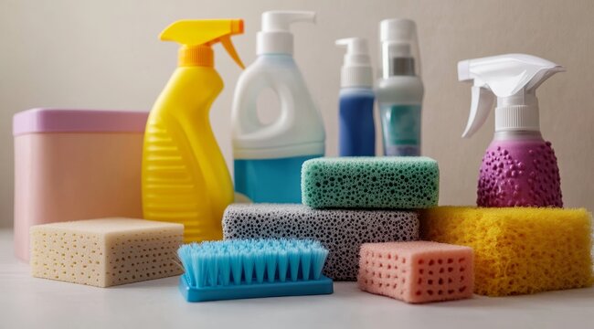 Organized cleaning supplies arrangement on white background, sponges, spray bottles, brushes, and colorful foam objects, soft studio lighting highlighting textures for product photography.
