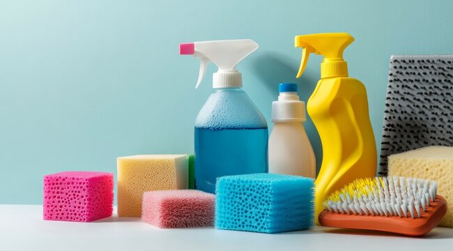 Organized cleaning supplies arrangement on white background, sponges, spray bottles, brushes, and colorful foam objects, soft studio lighting highlighting textures for product photography.