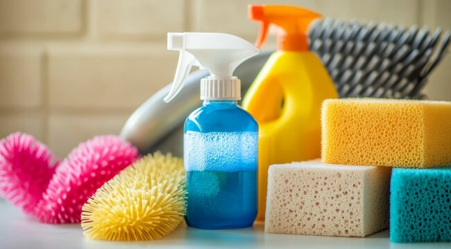 Organized cleaning supplies arrangement on white background, sponges, spray bottles, brushes, and colorful foam objects, soft studio lighting highlighting textures for product photography.