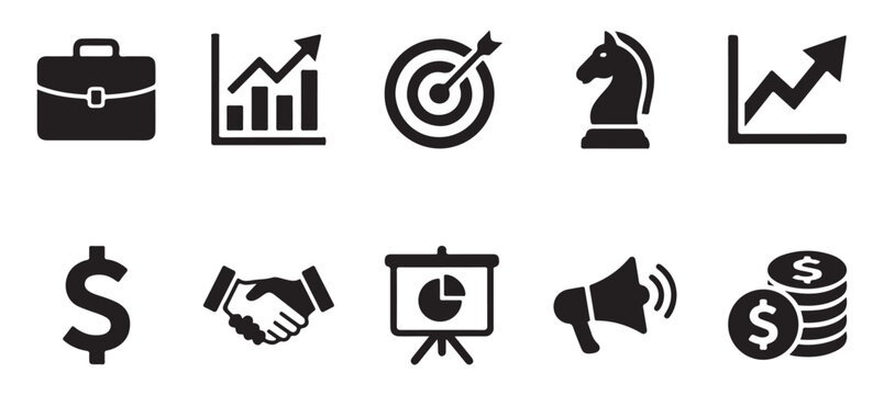 Collection of business icons including knight chess piece pie chart briefcase handshake and financial symbols