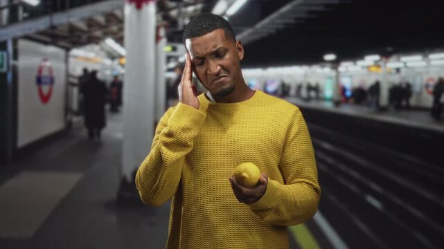 Man holding lemon, hand to temple gesture on subway building platform, yellow sweater, inspecting fruit and grimacing; curiosity discomfort.