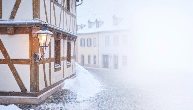 雪降るヨーロッパの旧市街と温かな街灯の風景