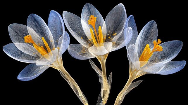 Transparent crocus flowers botanical illustration against black background