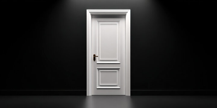 White paneled door in minimalist black room under spotlight, elegant classic interior entrance with decorative molding and brass handle conveying mystery and contrast