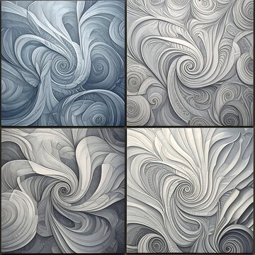 A 2x2 grid of swirling abstract designs in shades of gray