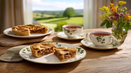 Fototapeta premium Vintage Porcelain Plates with Pie Slices, Breakfast Table Setting in Nature