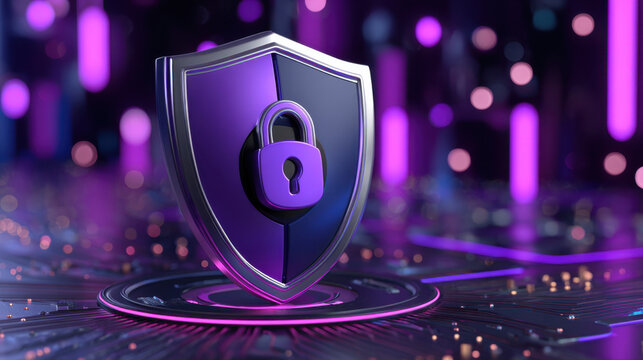 Futuristic digital security shield with padlock on glowing circuit board, neon purple lighting and bokeh cyber background conveying protection and technology