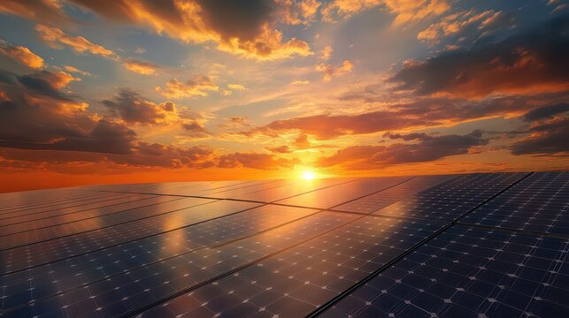A large solar panel array under a vibrant orange and blue sunset sky with scattered clouds
