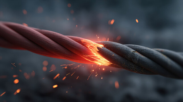 A close up of overheated electrical wire with sparking short circuit, glowing insulation and metal strands melting, dramatic sparks and heat distortion