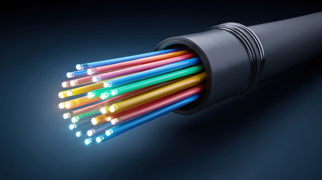 Fiber optic cable with colorful illuminated cores glowing in dark high tech close up, vibrant light and sleek sheath conveying speed and connectivity