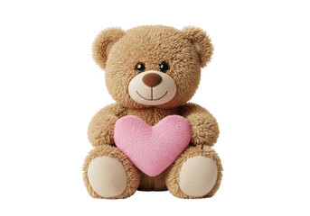 Obraz premium Cuddly brown teddy bear holding a soft pink heart in its chest. isolated on transparent background