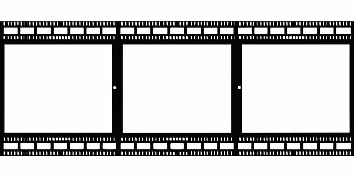 A black and white film strip negative with empty frame spaces