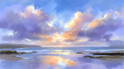 Obraz premium A painting of a beach with a cloudy sky and a sunset
