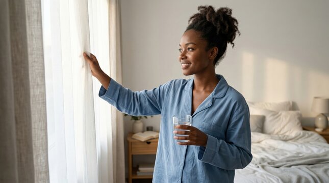 Morning bedroom routine woman opening curtains drinking water for