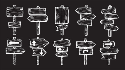 A collection of 10 white hand-sketched wooden signpost icons on a black chalkboard background, featuring various directional arrows, multiple boards per post, and a rustic textured wood grain effect. © crea8ive