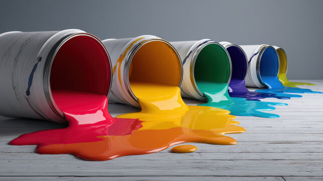 Vibrant spilled paint buckets creating colorful puddles of red orange yellow green blue and purple on wooden floor