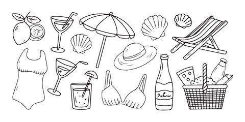 Fototapeta premium Beach Accessories Line Art Set with Umbrella, Sunglasses and Summer Objects Outline Illustration