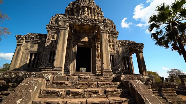 Ancient Khmer sandstone temple featuring intricate carvings of deities, a central doorway, crumbling stone stairs, and a solitary palm tree under a clear blue sky in Cambodia.