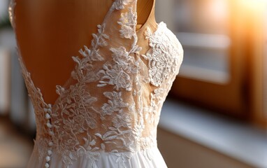 Obraz premium Intricate Lace Wedding Dress with Gentle Back Detail in Autumn Light