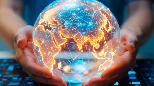 Hands holding glowing digital globe
