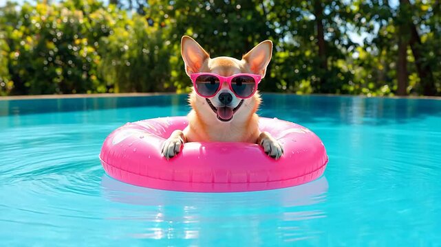 Dog in pool wearing sunglasses