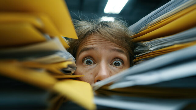 Stressed adult person with wide eyes peeking between stacks of folders and paperwork, conveying overwhelm and anxiety in busy office environment