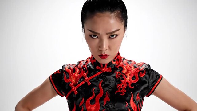 Dynamic martial arts performer showcasing power and stance in studio setting against a white